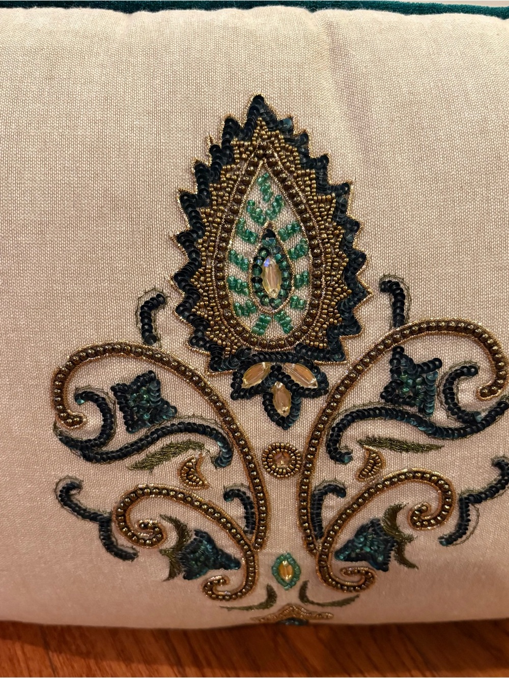 Cream Embroidered Accent Pillow with Green and Gold Motif